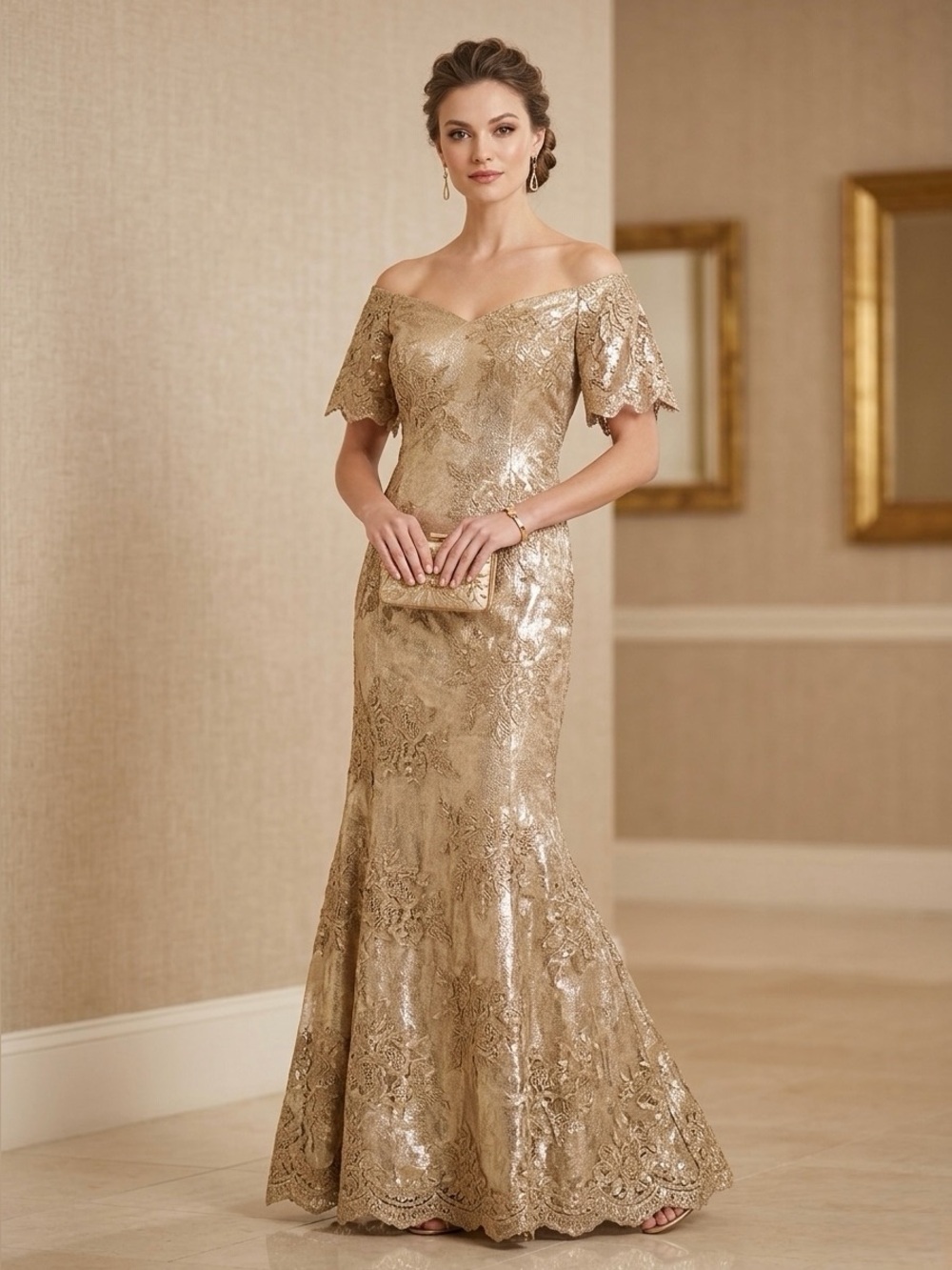 Gold Floral Lace Evening Dress - Elegant Off-Shoulder Gown
